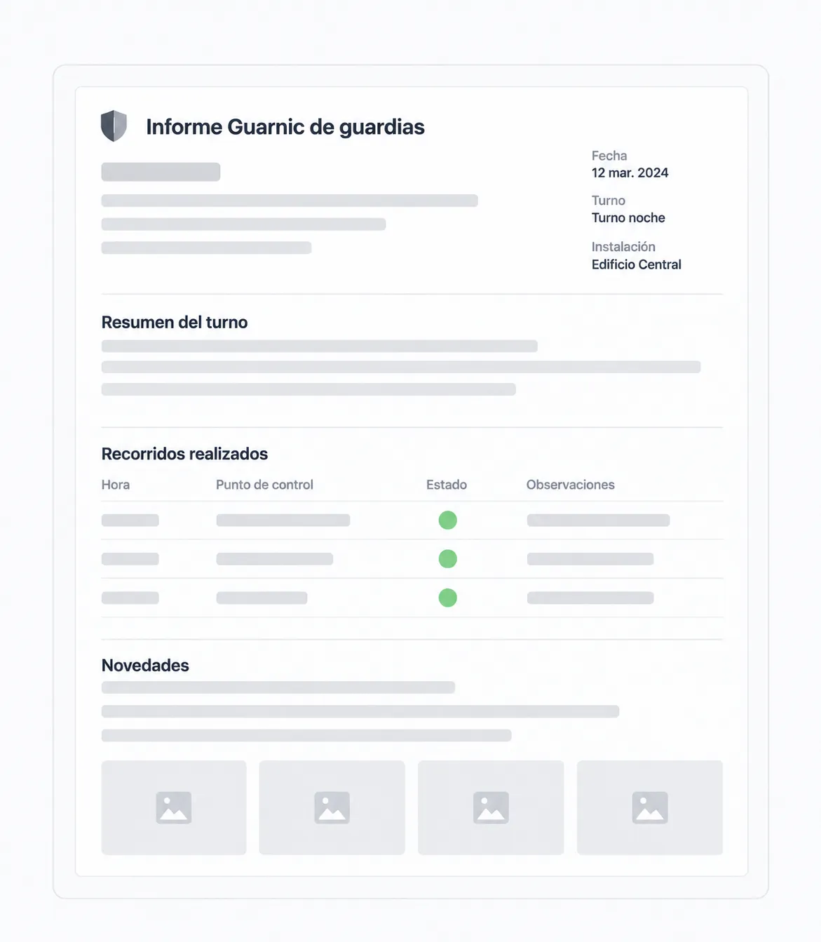 Informe de turno documentado con resumen y recorridos realizados
